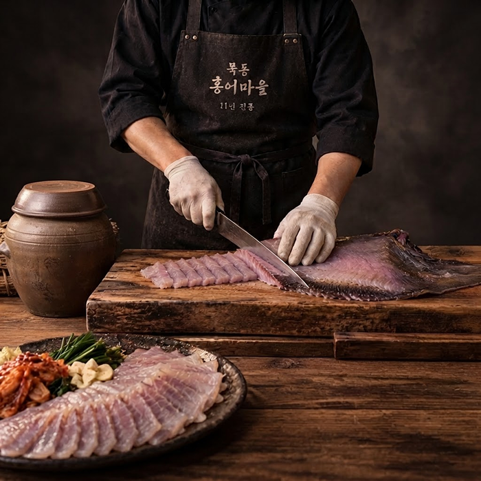 먹색 앞치마를 입고 따뜻한 조명 아래 나무 도마에서 홍어 한 점을 준비하는 모습