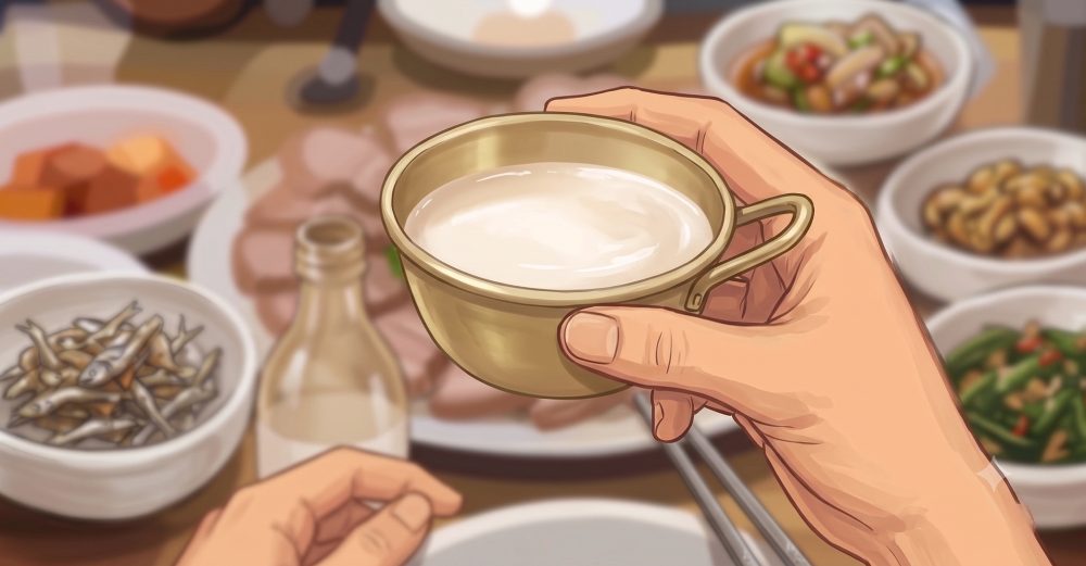 놋그릇에 막걸리를 담아 손에 든 모습